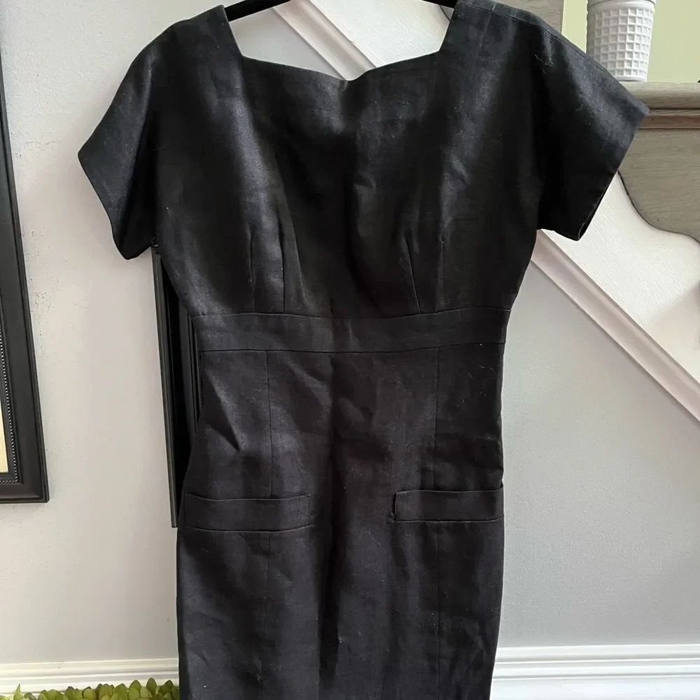 Rickie Freeman for Teri Jon Black Linen Low Bow Back Dress sz 4 EUC